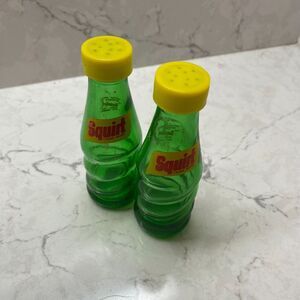 Vintage Green Glass Squirt Trademark Soda Bottle Kitchen Salt & Pepper Shakers
